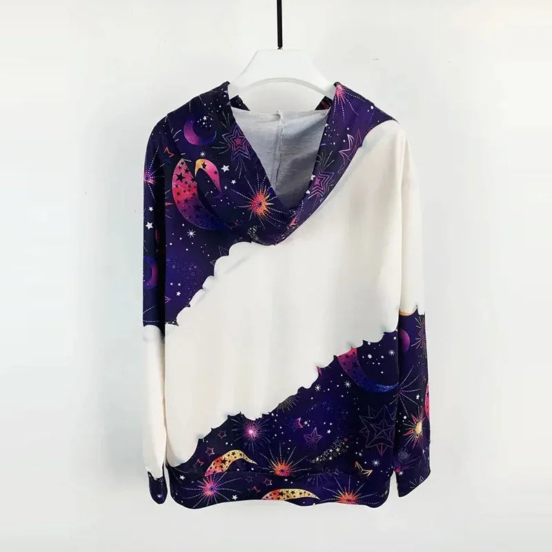 Moon Print Kangaroo Pocket Hoodie, Casual Long Sleeve Drawstring Hoodies Sweatshirt Women's Clothing