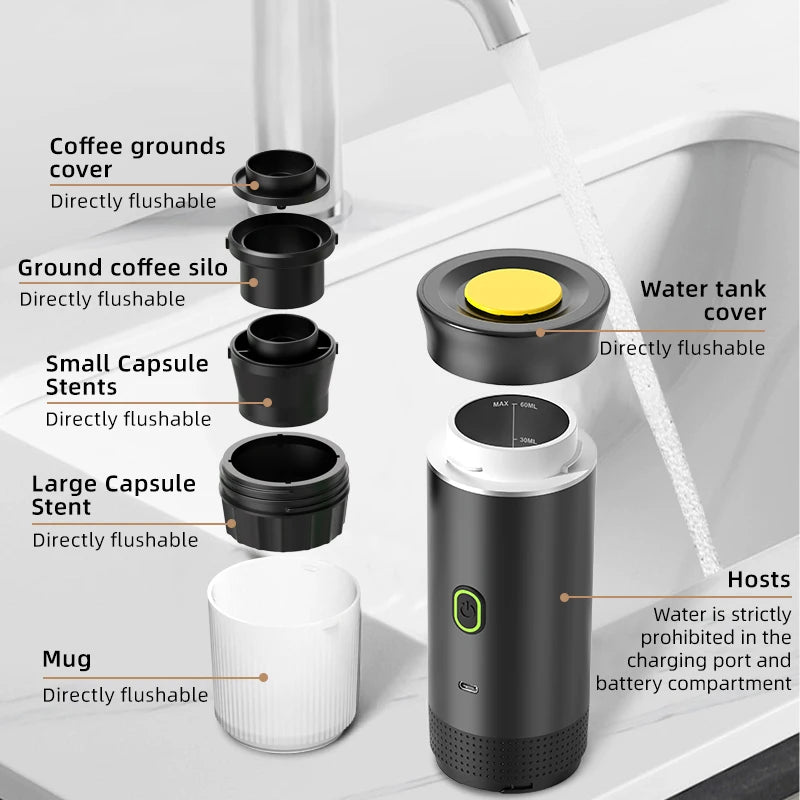 Kabellose elektrische tragbare Espresso-Kaffeemaschine für Auto & Zuhause, Camping-Kaffeemaschine, 3-in-1 Kapsel-Pulver-Reisekaffeemaschine