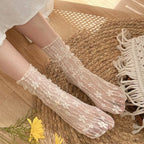 Damen Harajuku Kawaii Atmungsaktive Transparente Blumen-Spitzensocken Süße Mesh-Fischnetzsocken Weiche Lustige Socken Strumpfwaren