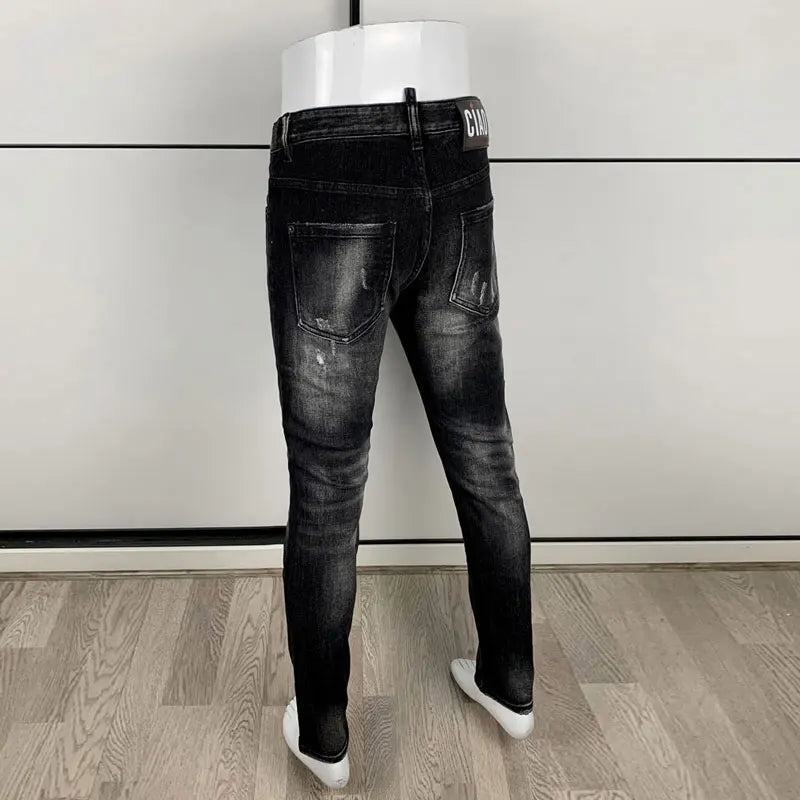 Street Fashion Herren Eng Schwarz Grau Jeans Retro Elastische Schlankmachende Split-Style Jeans Herren Retro Designer Brand Jeans Hombre