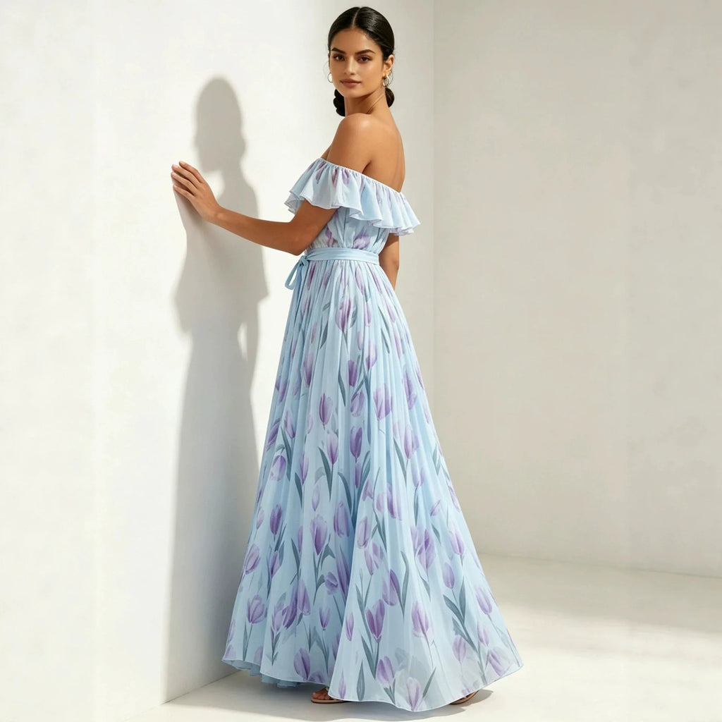 2026 Sommer schulterfreies Kleid mit Tulpenprint in großen Größen, schlankmachend, mit eckigem Ausschnitt und Maxilänge