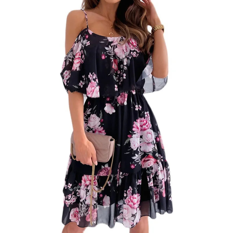 Damen Sommer V-Ausschnitt Ärmelloses Sling-Camisole Pendler bedrucktes Chiffon-Bohemian-Blumenkleid für Damen