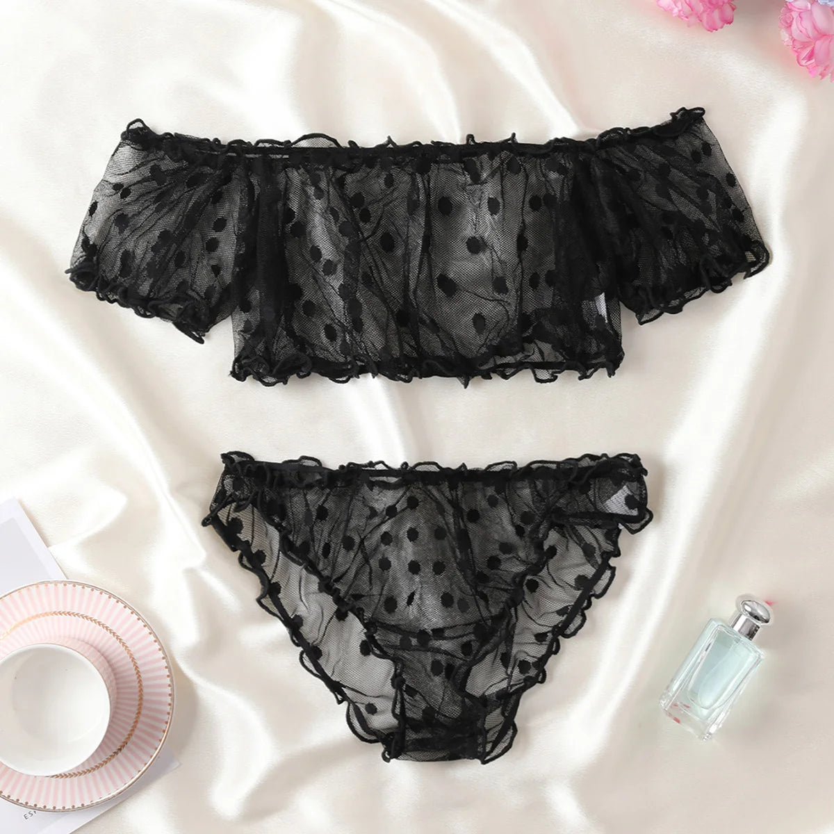 Dessous-Set mit Tupfenmuster, semi-transparentem Design, Bustier-Oberteil und Höschen-Set, Damenbekleidung