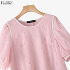 ZANZEA Sommerkleider für Damen, Lochstickerei, O-Ausschnitt, halbe Puffärmel, kontrastfarbene Borte, knielanges Kleid, lässige A-Linien-Roben