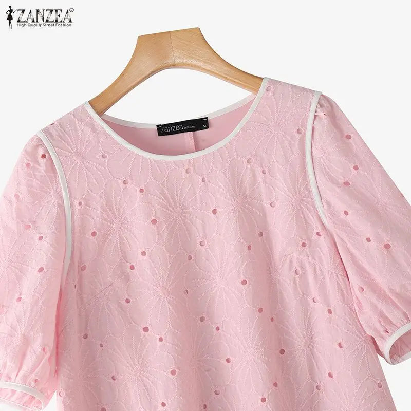 ZANZEA Sommerkleider für Damen, Lochstickerei, O-Ausschnitt, halbe Puffärmel, kontrastfarbene Borte, knielanges Kleid, lässige A-Linien-Roben