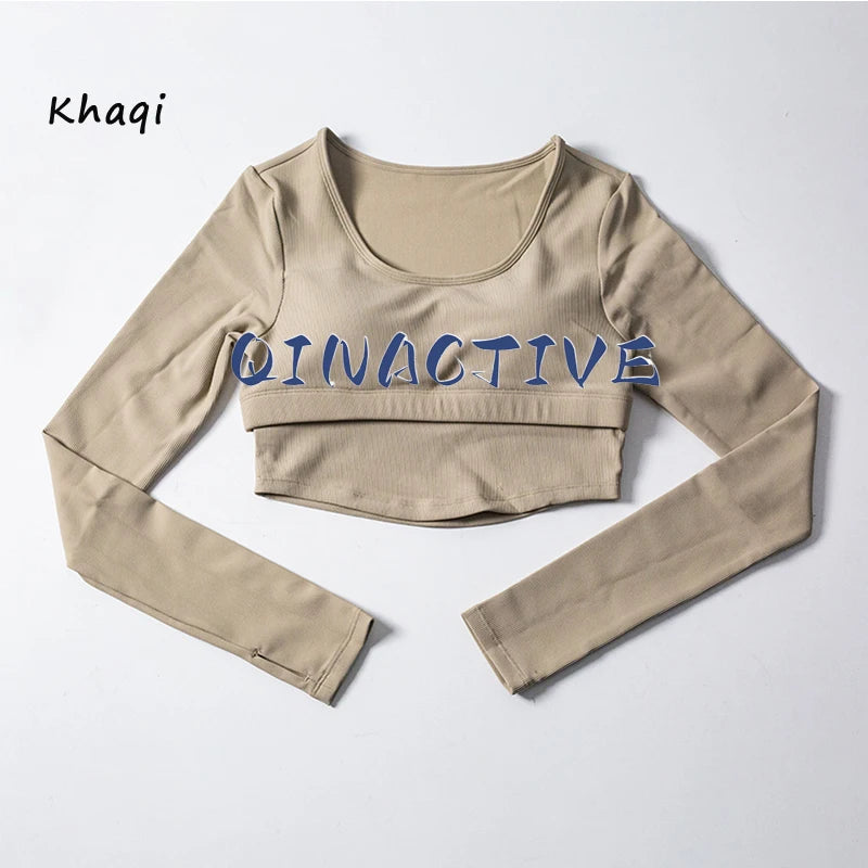 QINACTIVE Yoga suit with long sleeves chest pads new autumn winter tight fitting top T-shirt sport running training fitness suit