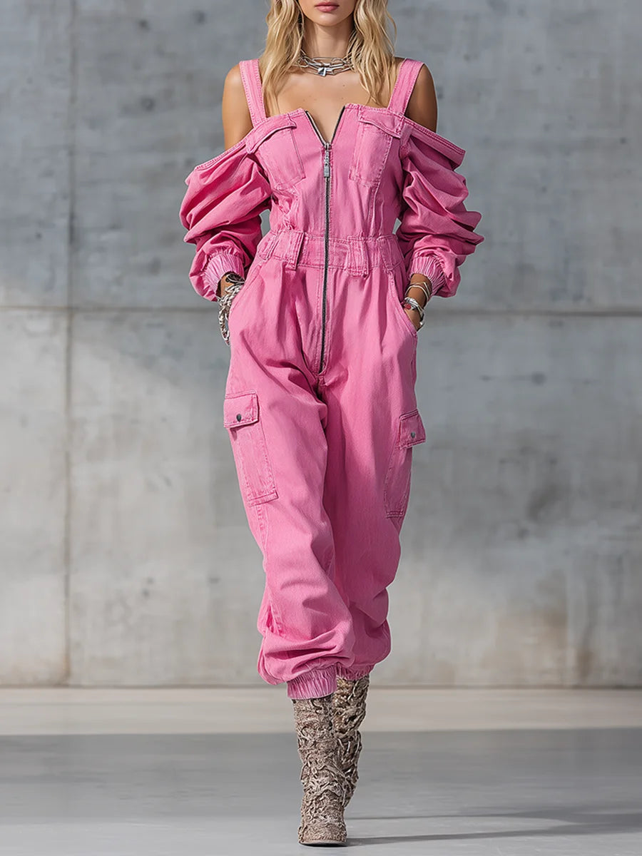 Vintage Denim Jumpsuit Woman Solid Zipper Off-shoulder High Wait Loose Cargo Pants Romper Long Sleeve Overalls One-Piece Suit