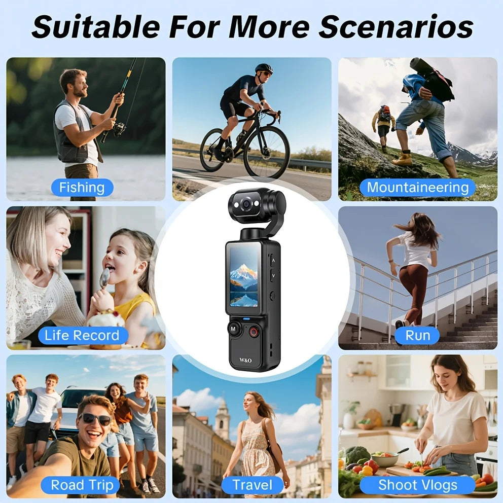 W&O 4K HD Action-Kamera, 1,9'' CMOS-Sensor, um 180° drehbar, USB-wiederaufladbar, tragbare Sport-Vlogging-Kamera für tägliche Aufnahmen