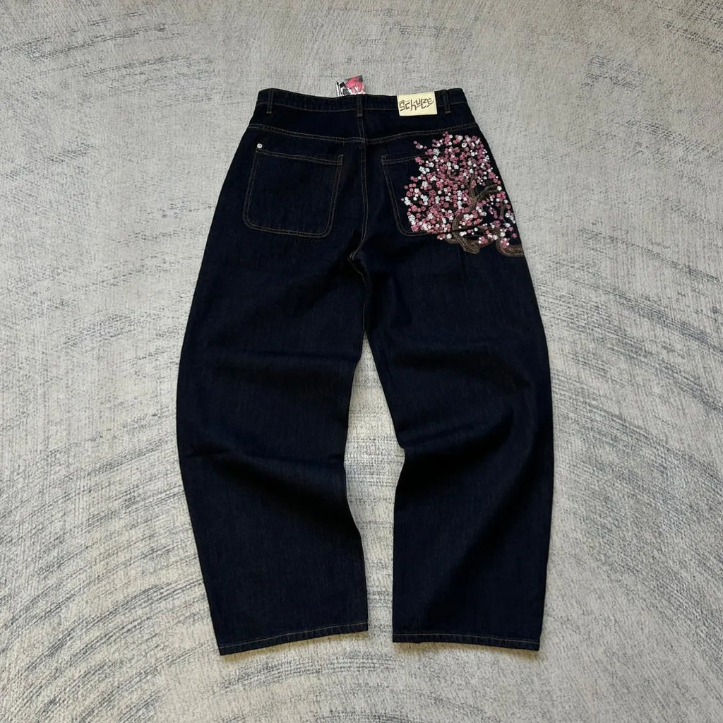 Vintage Low Waist Hip Hop Kirschblüten bestickte Jeans Weite Hose Y2K Kleidung Herren Damen Bestickte Baggy Jeans