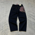 Vintage Low Waist Hip Hop Kirschblüten bestickte Jeans Weite Hose Y2K Kleidung Herren Damen Bestickte Baggy Jeans