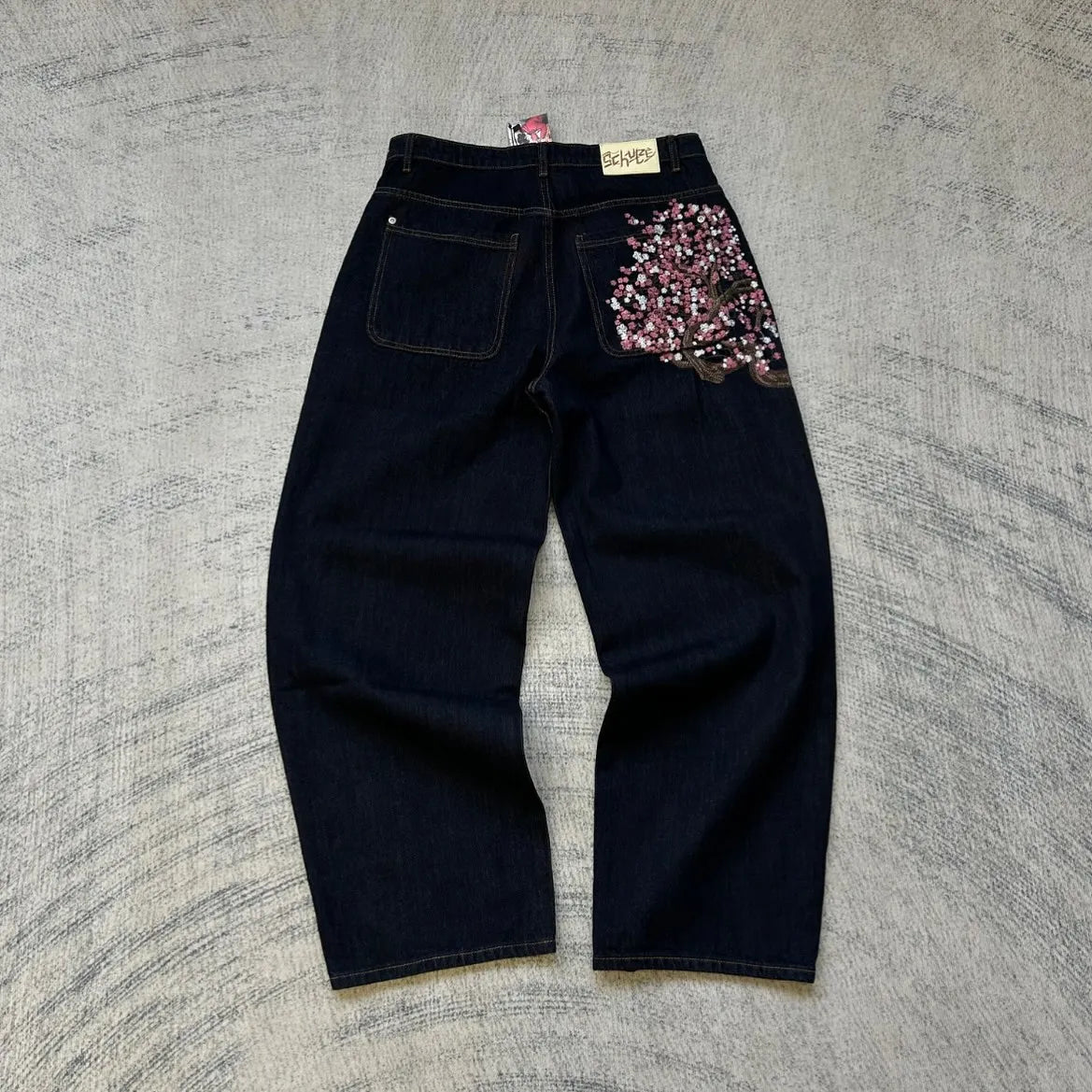 Vintage Low Waist Hip Hop Kirschblüten bestickte Jeans Weite Hose Y2K Kleidung Herren Damen Bestickte Baggy Jeans