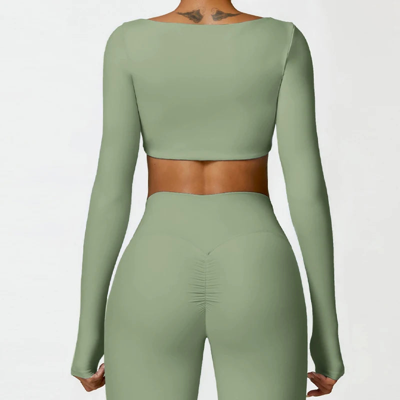 Hearuisavy Sommer Casual Schnelltrocknende Sportbekleidung Damen Square Neck Gym Top Damen Fitness Sport Crop Top Langarm Yoga Kleidung Zweitbild