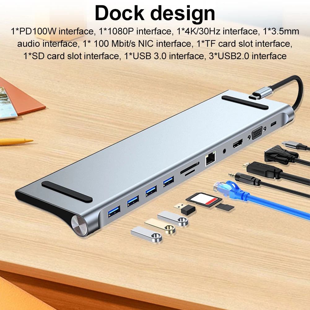 11-in-1 USB C Dockingstation mit 4K HDMI-kompatibel VGA Ethernet USB C Dock 100W PD SD/TF Audio Typ C Hub 1* USB 3.0 3*USB2.0