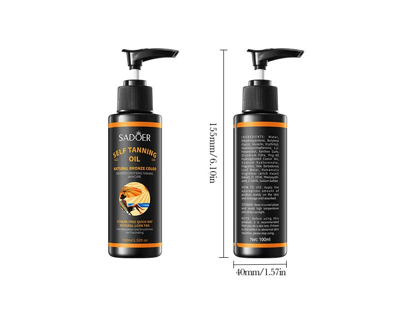 100ml Bräunungsspray: Leichte Textur, feuchtigkeitsspendend, schöner schwarzer Farbton, für einen wilderen und selbstbewussteren Look. Große Kapazität, schönes Bräunungsergebnis, streifenfrei, schnell trocknend, kein Bräunungseffekt.