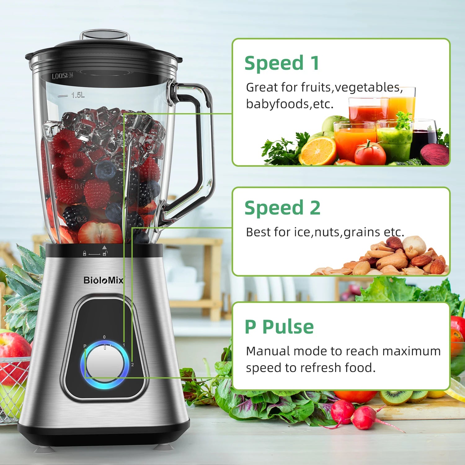 BioloMix Professional 1300W Standmixer mit 1,5L BPA-freiem Glaskrug, perfekt für gefrorene Smoothies und hausgemachte Saucen