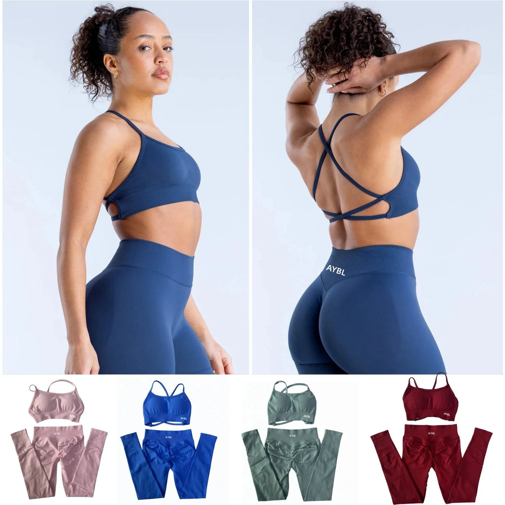 AYBL Yoga Set Nahtloses Yoga-Set 2-teilig Damen Workout Set Scrunch Leggings Rückenfreier Sport-BH Fitness-Top Gym-Hose Kleidung