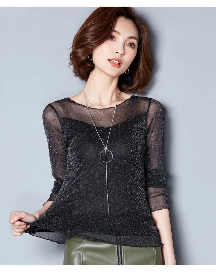 Glitzer-Netzbluse Sexy Damen Shirts Langarm-Oberteile Koreanisch Schwarz Pink O-Neck Elegante Slim Bluse Camisas Femininas