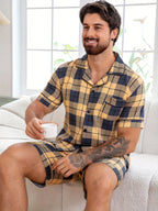 Herren Kurzarm-Pyjama-Set - 2-teiliges Set Kariert Lässige Sommer-Freizeitkleidung mit Tasche V-Ausschnitt Leichte und dünne Herren-Pyjamas