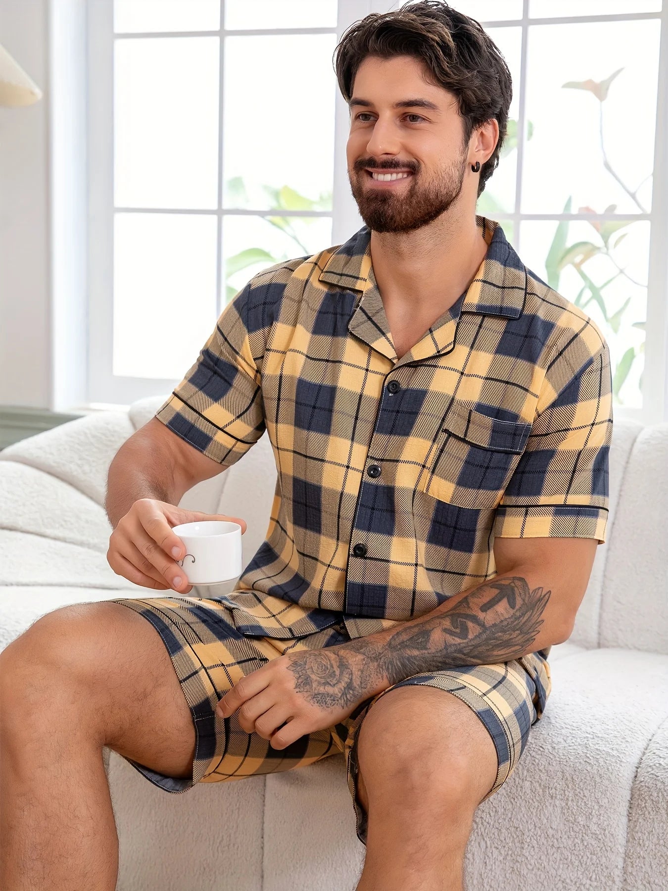 Herren Kurzarm-Pyjama-Set - 2-teiliges Set Kariert Lässige Sommer-Freizeitkleidung mit Tasche V-Ausschnitt Leichte und dünne Herren-Pyjamas