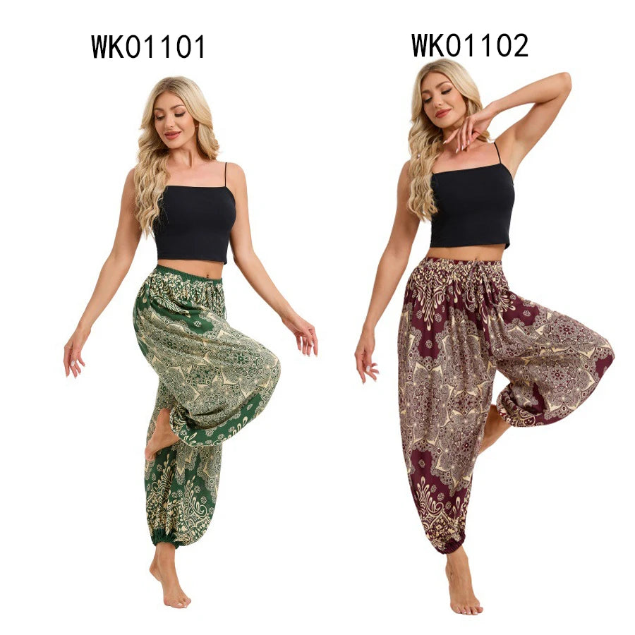 Damen Boho Weite Hosen Haremshose Erwachsene Hohe Taille Yoga Loose Laternenhose Atmungsaktive Strandhose Urlaub Bedruckte Jogger