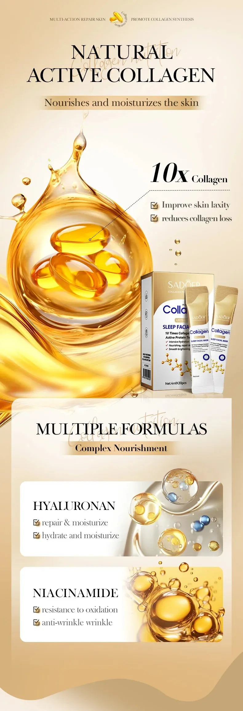 30 Stück Sadoer Kollagen Schlafmaske Gesichtspflege Feuchtigkeitsspendend Aufhellend Straffend Hydratisierend Maske Gesichtshautpflege