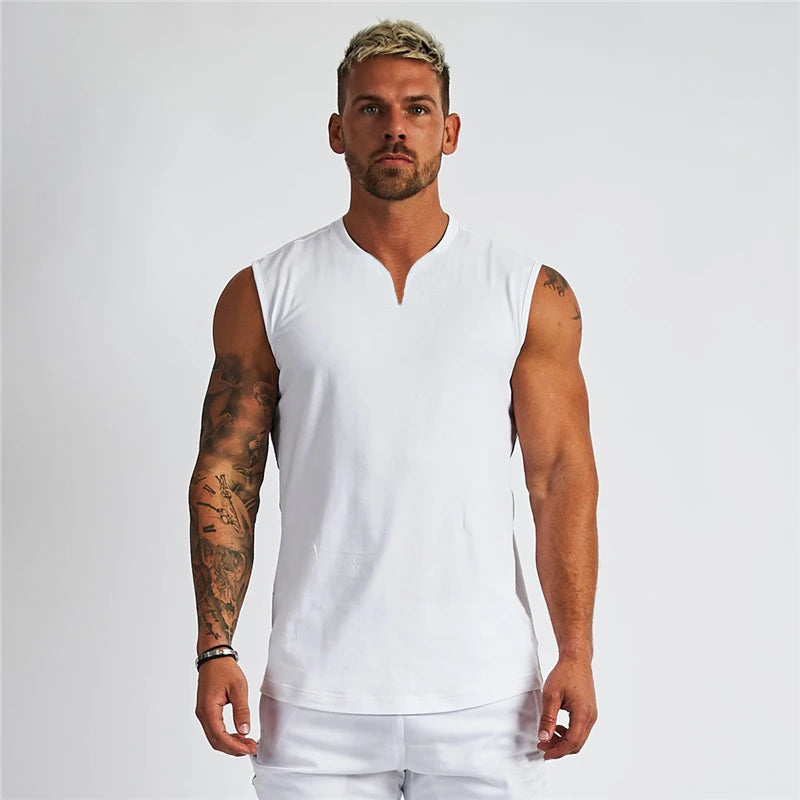 Sommer Baumwolle atmungsaktive V-Ausschnitt Tank Tops Fitnessstudio Workout Laufen Sport Ärmelloses Shirt Herren Fitness Bodybuilding Muskelbekleidung