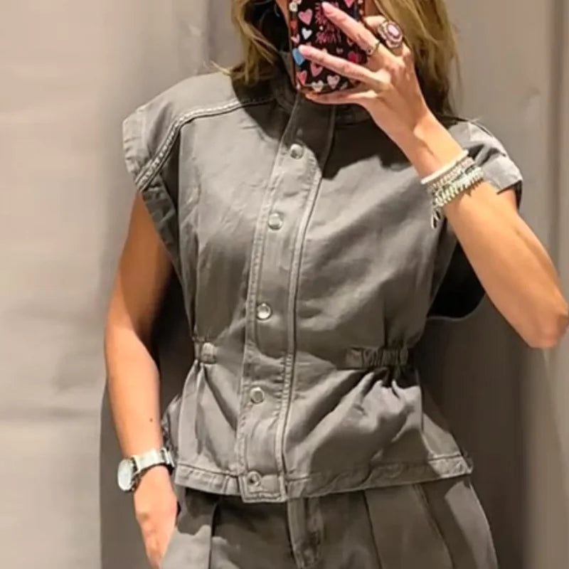 Jeansweste Lockere Lange Hose Damen Set Stehkragen Einreiher Taillierte Oberteile Hohe Taille Hose Schicke Lässige Damen Neue Sets