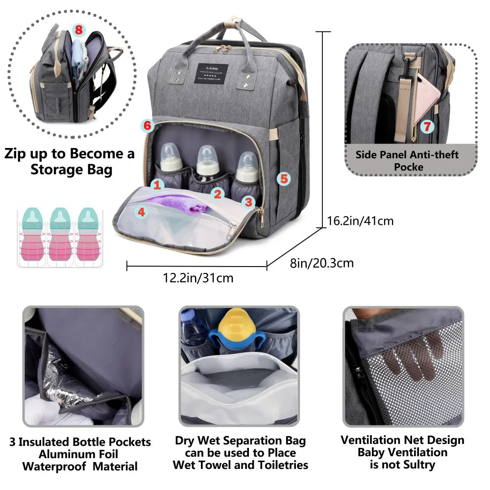 Wickeltasche Leichtgewicht Tragbares Klappbett Großraum-Reise-Maternity-Taschen Baby-Rucksack Weibliche Mama-Ausgehtasche