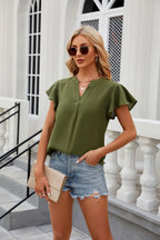 Neue Damen V-Ausschnitt Lose Pullover Chiffon-Shirts Elegante Mode Einfarbige Rüschen Damenbluse Sommer Lässige Kurzarm-Oberteile