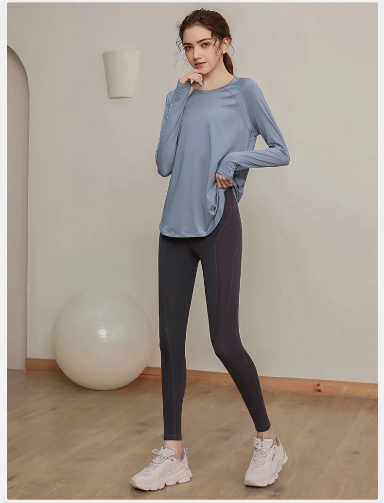 Lockere, schnell trocknende Sportoberteile, Damen-Langarmshirts, Yogabekleidung, atmungsaktive Lauf- und Fitnessbekleidung, figurformend