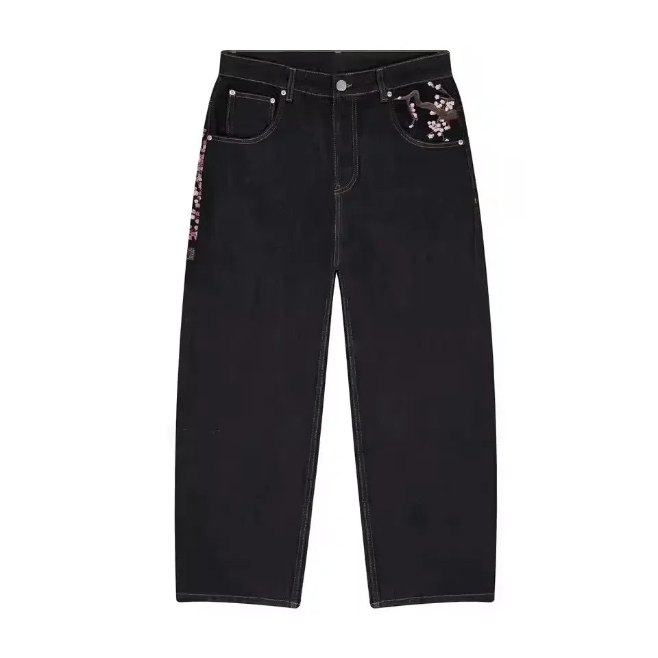 Vintage Low Waist Hip Hop Kirschblüten bestickte Jeans Weite Hose Y2K Kleidung Herren Damen Bestickte Baggy Jeans