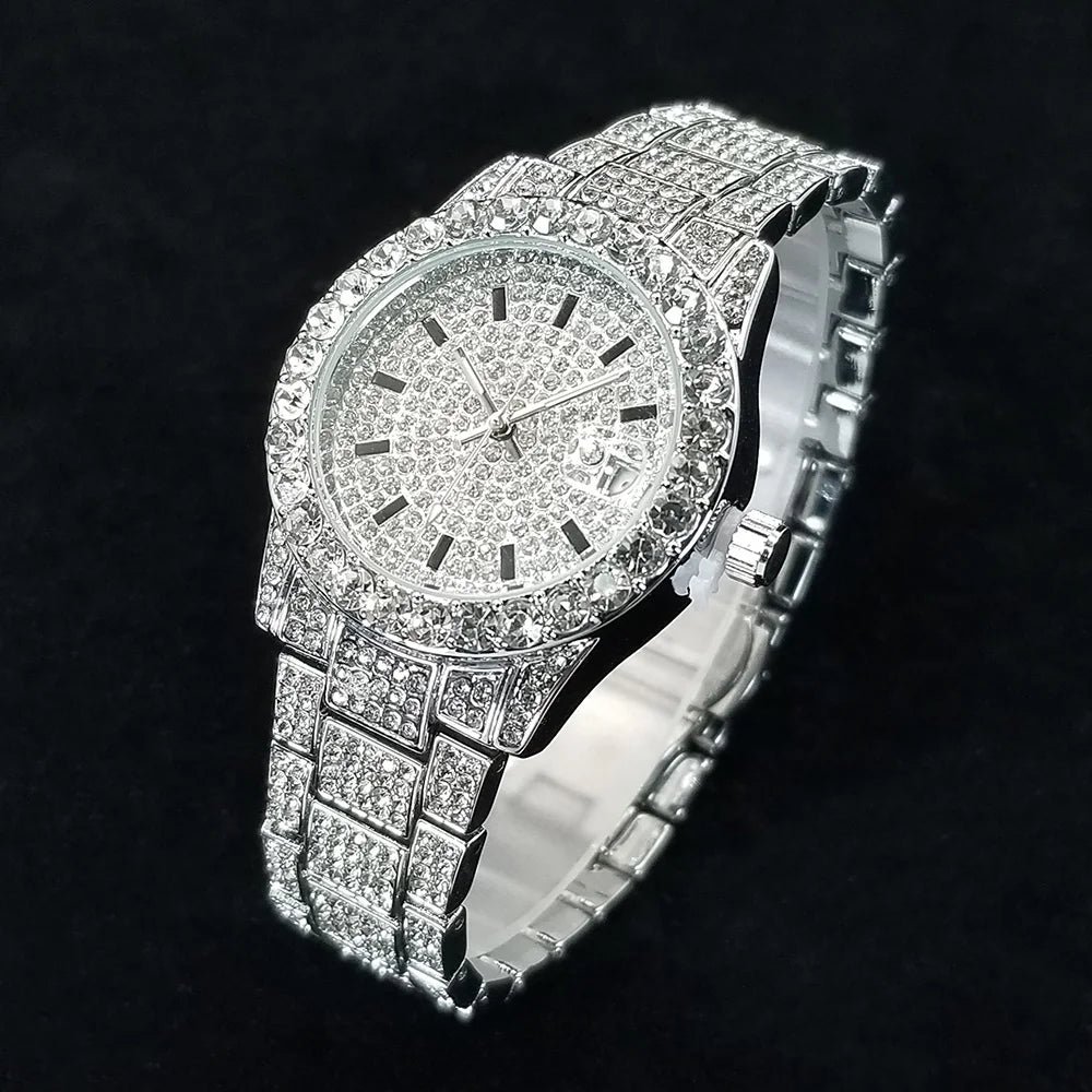 Elegante Diamantenuhren Damen Mode Silber Rund Edelstahl Quarzuhr Iced Out Glänzend Wasserdichte Uhr Geschenk für Frauen
