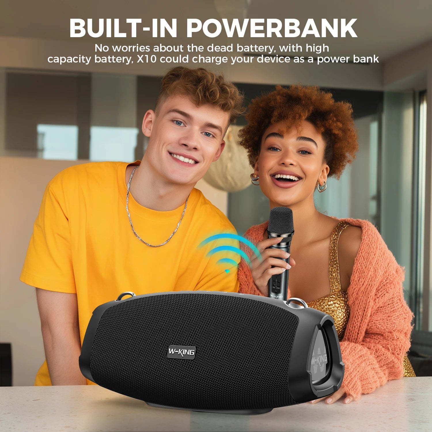 W-KING (120W PEAK)70W Tragbare laute Bluetooth-Lautsprecher mit kabellosem Mikrofon, wasserdichte kabellose Outdoor-Bluetooth-Lautsprecher