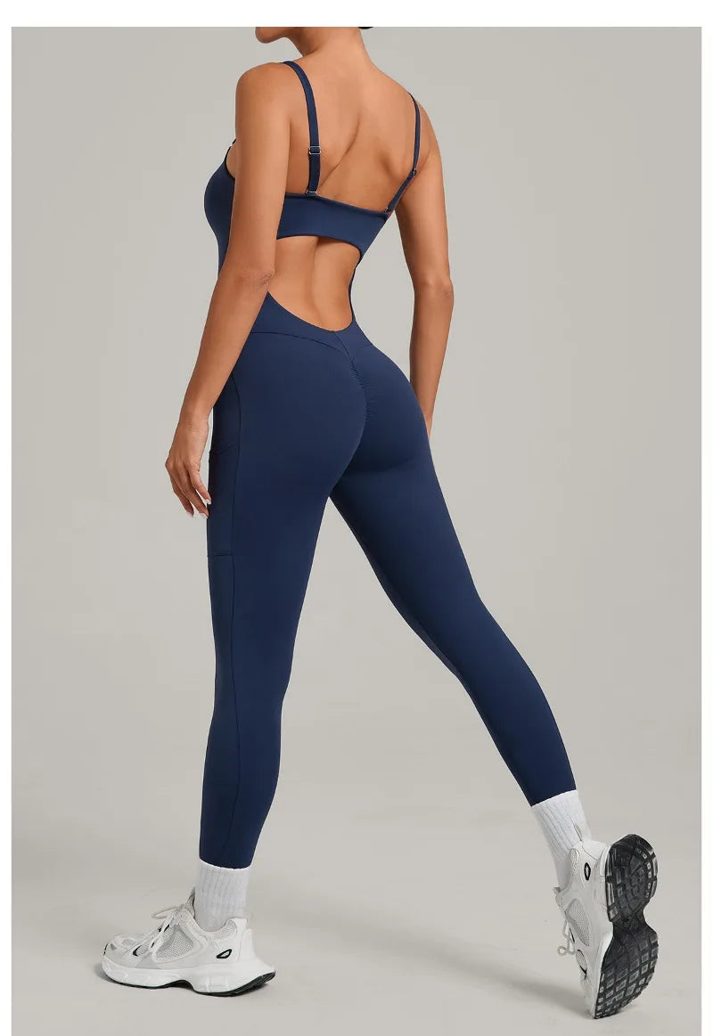 Damen Yoga Jumpsuits Sport Fitness Einteiler Schönheits-Rückengurt Tasche Hüfthebend Slim Fit Laufen Workout Training Bodysuit