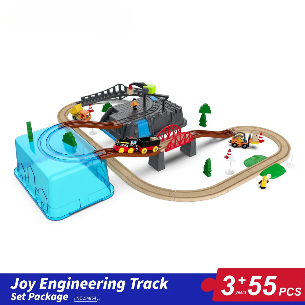 55tlg/Set Holzeisenbahn Gleis-Set Elektrischer Zug Magnetisches Auto Druckguss-Slot Passend für alle Marken Birke Holzschienen-Montagespielzeug Jungen-Geschenk