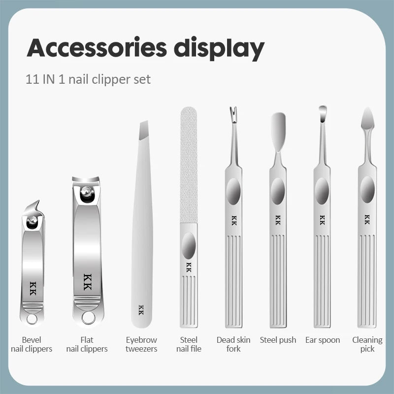 KK 11-in-1 Maniküre-Tools Professionelles Nagelknipser-Set Edelstahl Nagelschneider Zangen Scheren Kit Fußpflege Handpflege
