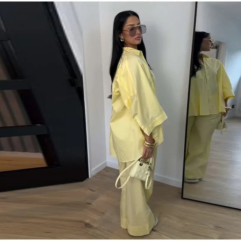 Damen Anzug mit Revers, langen Ärmeln, chic, einreihig, weites Bein, lange Hose, Sets 2026, lässiges, lockeres Outfit für den Alltag