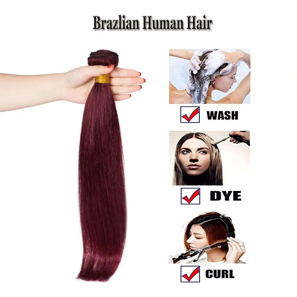 Weinrot #99J Remy Echthaar Weave 16-28 Zoll lang, seidig glatt, unbehandeltes reines brasilianisches Haar, Haartressen-Extensions für Frauen