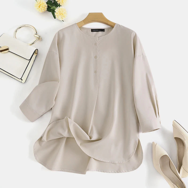 ZANZEA Mode Herbst Langarm Bluse Damen Weites Hemd Elegant Einfarbig OL Arbeitsplatten Lässig Locker Urlaub Arbeit Blusen Damen