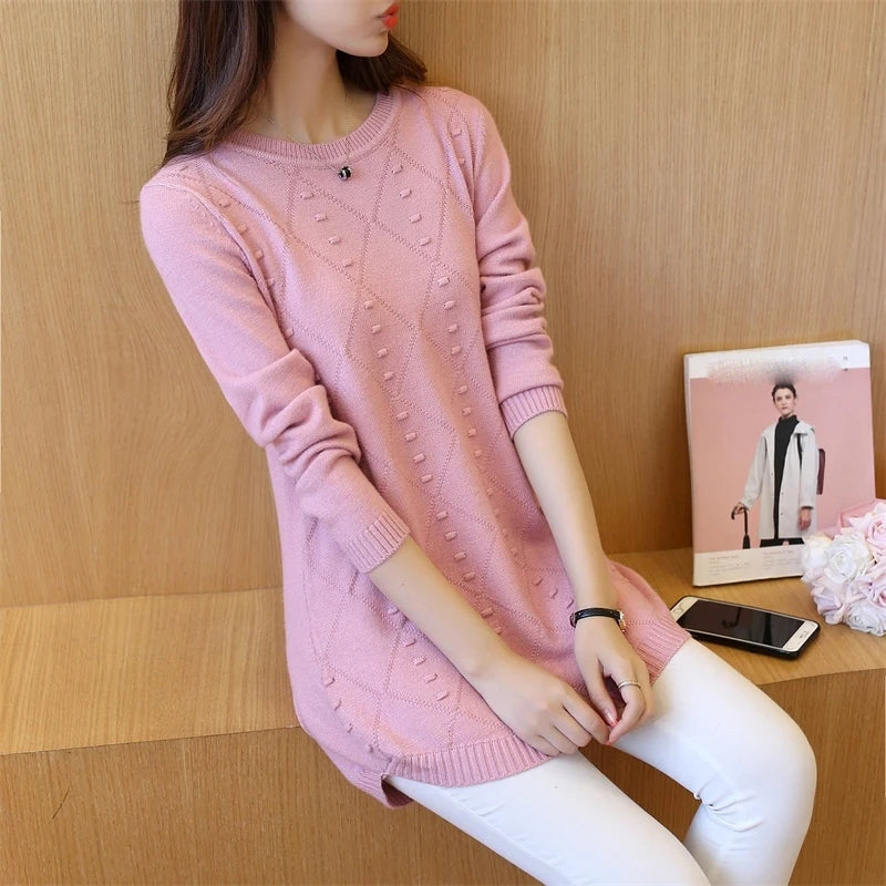 Strickpullover Herbst Winter Oberteile Rundhals Langarm Pullover Legere Warme Damenpullover Midi Lang Schmaler Pullover Mädchen