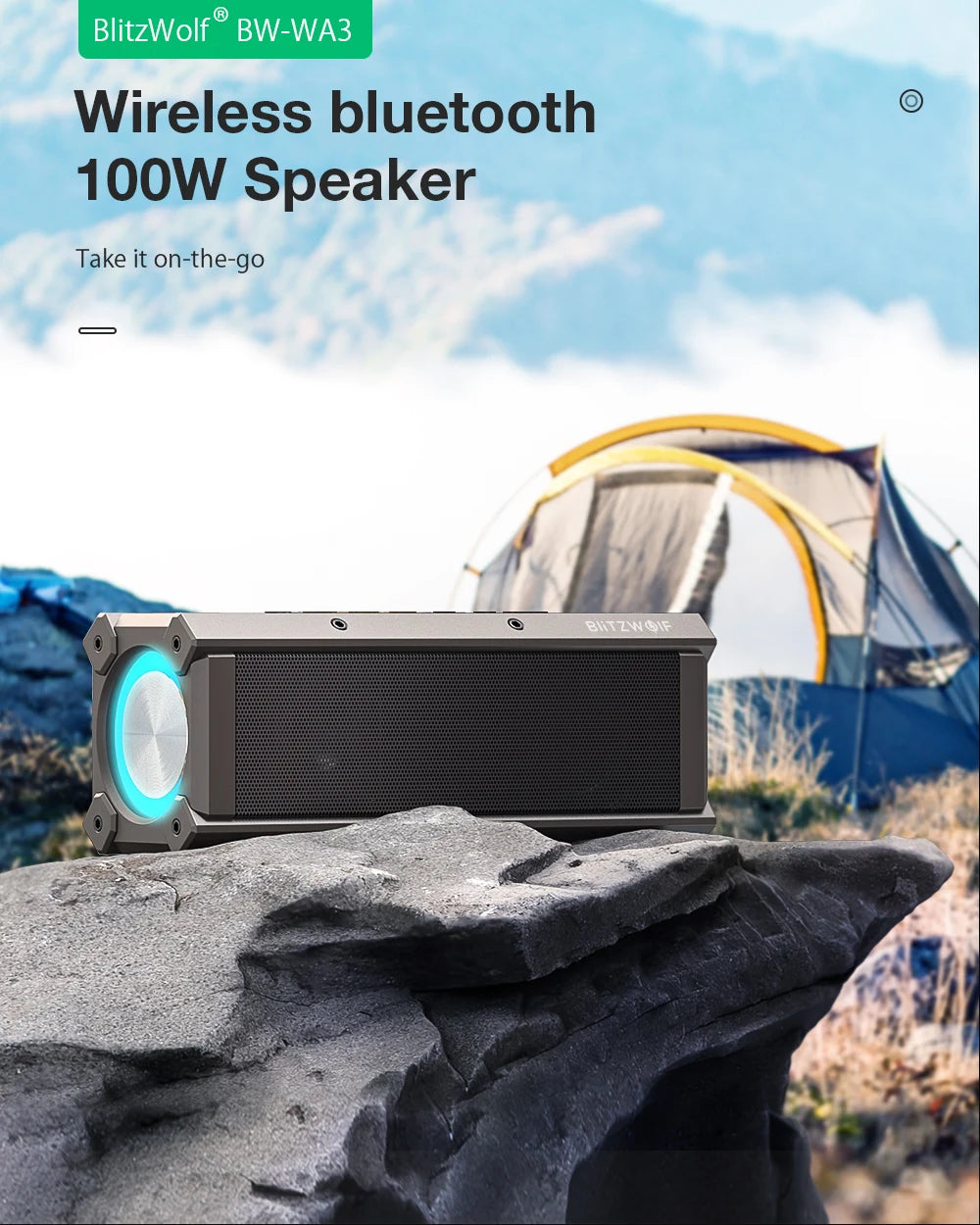 BlitzWolf BW-WA3 100W TWS Bluetooth-Lautsprecher mit vier Treibern, doppelter Membran, tiefem Bass, RGB-Licht, IPX5 Wasserdichtigkeit, 5000mAh Akku