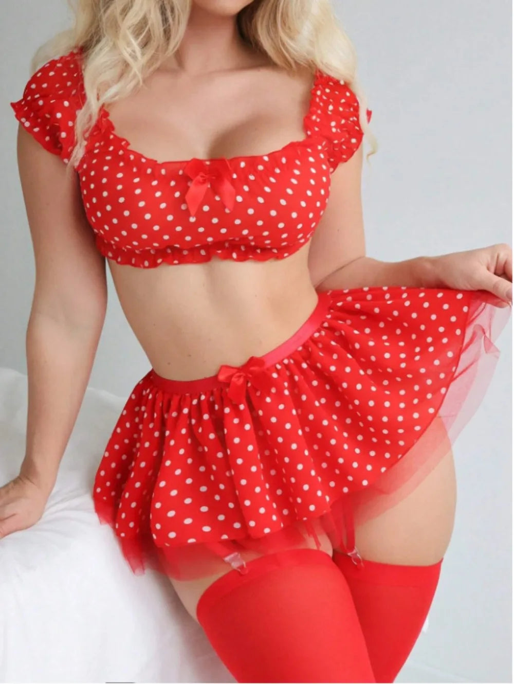 Gepunktetes sexy Tutu Damen Dessous Set Hochwertig, modisch und exquisit, schulterfreies zweiteiliges Set mit Schlitz