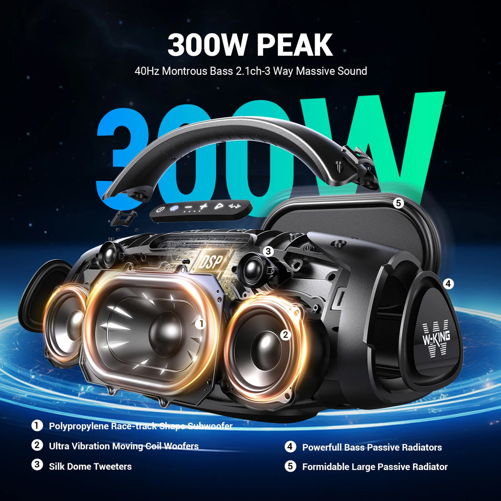 W-KING 200W RMS Portable Bluetooth Lautsprecher, Massive Bass Party Boombox IPX7 Wasserdichter Lautsprecher Groß, Lauter Outdoor Lautsprecher