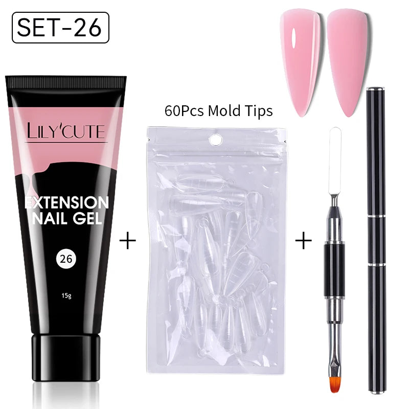 LILYCUTE 15ml Verlängerungsgel-Nagellack-Set Quick Nail Prolong mit Verlängerungsform-Nagelspitzen Acryl-Lösung Maniküre-Werkzeug-Kit