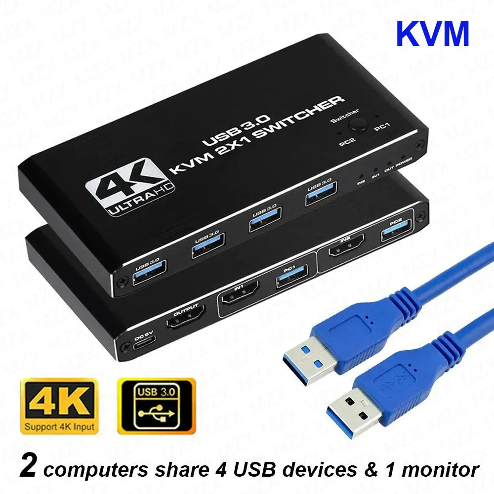 MZX 2-In-1-Out KVM Switch 4K 60Hz HDMI-compatible USB 3.0 Hub Switcher Docking Station Dock Computers PC Share Keyboard Printer
