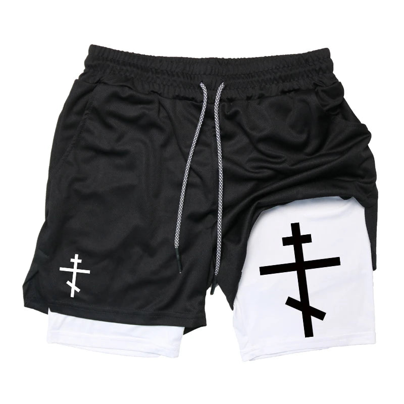 Herren-2-in-1-Lauf-Workout-Shorts mit Druck, Christian Gym Athletic Performance Shorts mit Handytasche und Handtuchschlaufe, Activewear