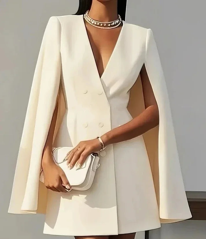 Damenkleider 2025 Frühling Herbst Neu Pendler Doppelreihiger Schalkragen Cape Einfarbig V-Ausschnitt Minikleid Mode Damenbekleidung Hauptbild