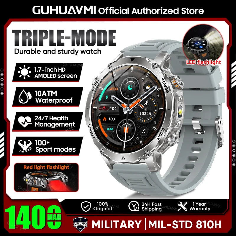 2026 Neue TANK Ultra 1400mAh Akku Militär Smartwatch 10ATM Wasserdicht Herzfrequenz Taktische LED Taschenlampe Herren Sportarmband