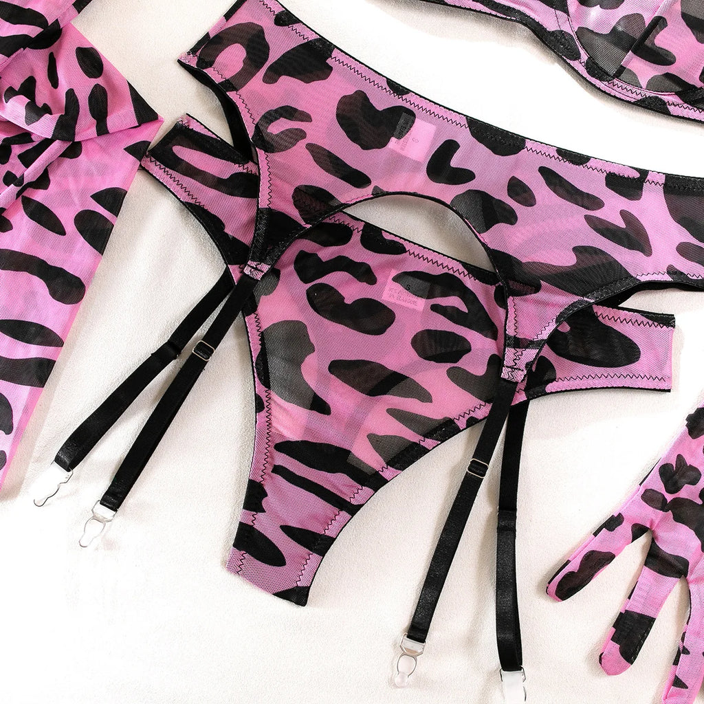 Sexy rosa Leoparden-BH-Handschuhe Beinsocken Dessous-Set Damen Perspektive Bequemes Mesh Exotische Kleidung Unterwäsche Anzug
