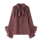 NLZGMSJ Schleifendekoration Locker Langärmlige Blusen für Damen Neue Mode Rüschenkante Hemden und Blusen Damen Top
